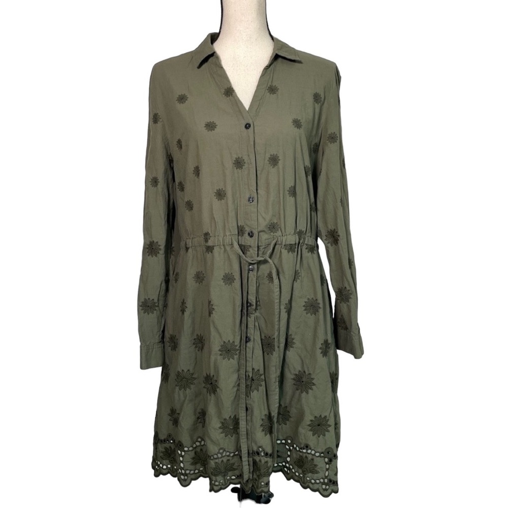 Maison Jules Olive Green Collared Button Down Drawstring Long Sleeve Dress XL